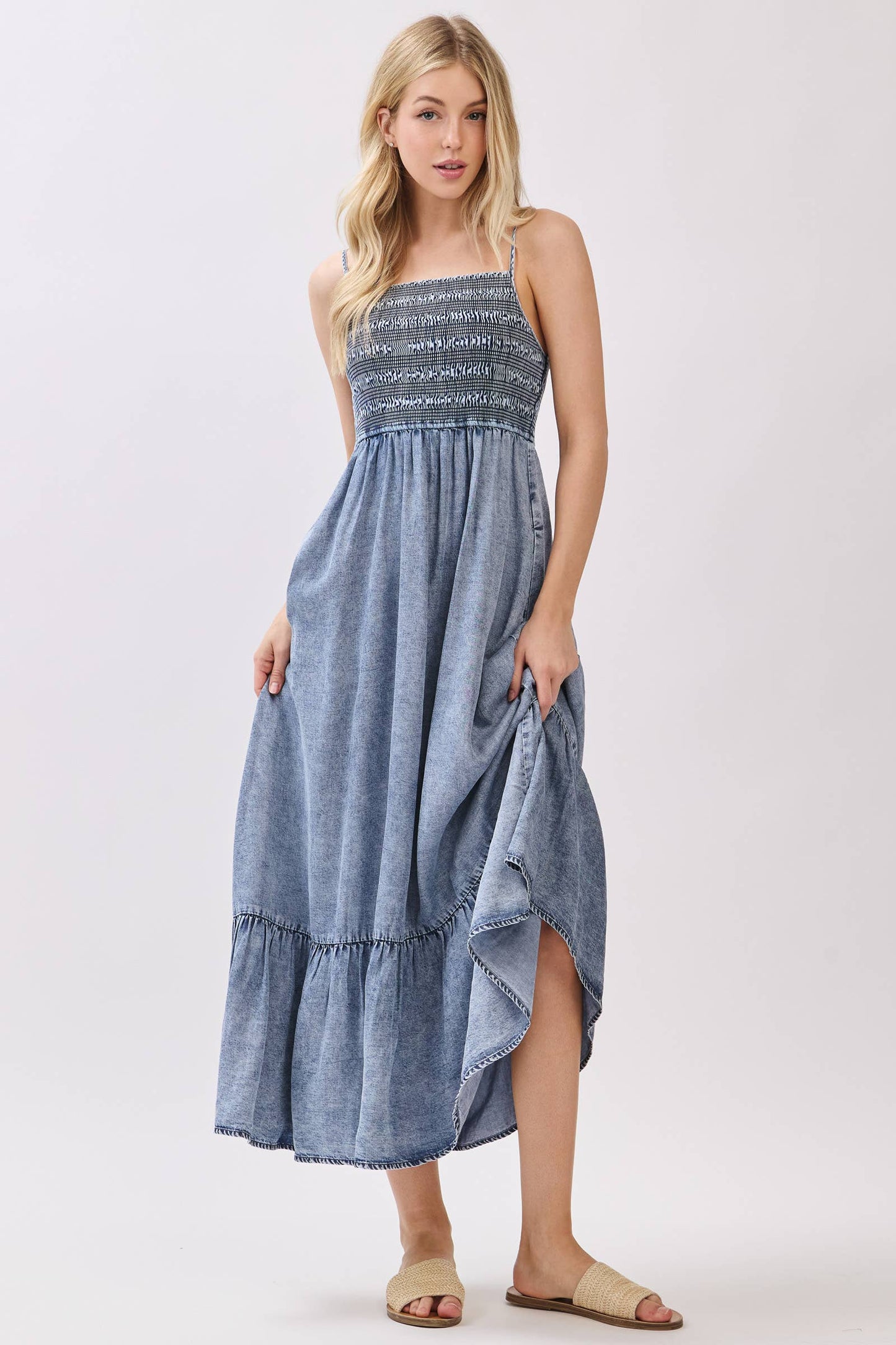 Tencel Smocked Top Tiered Midi Dress