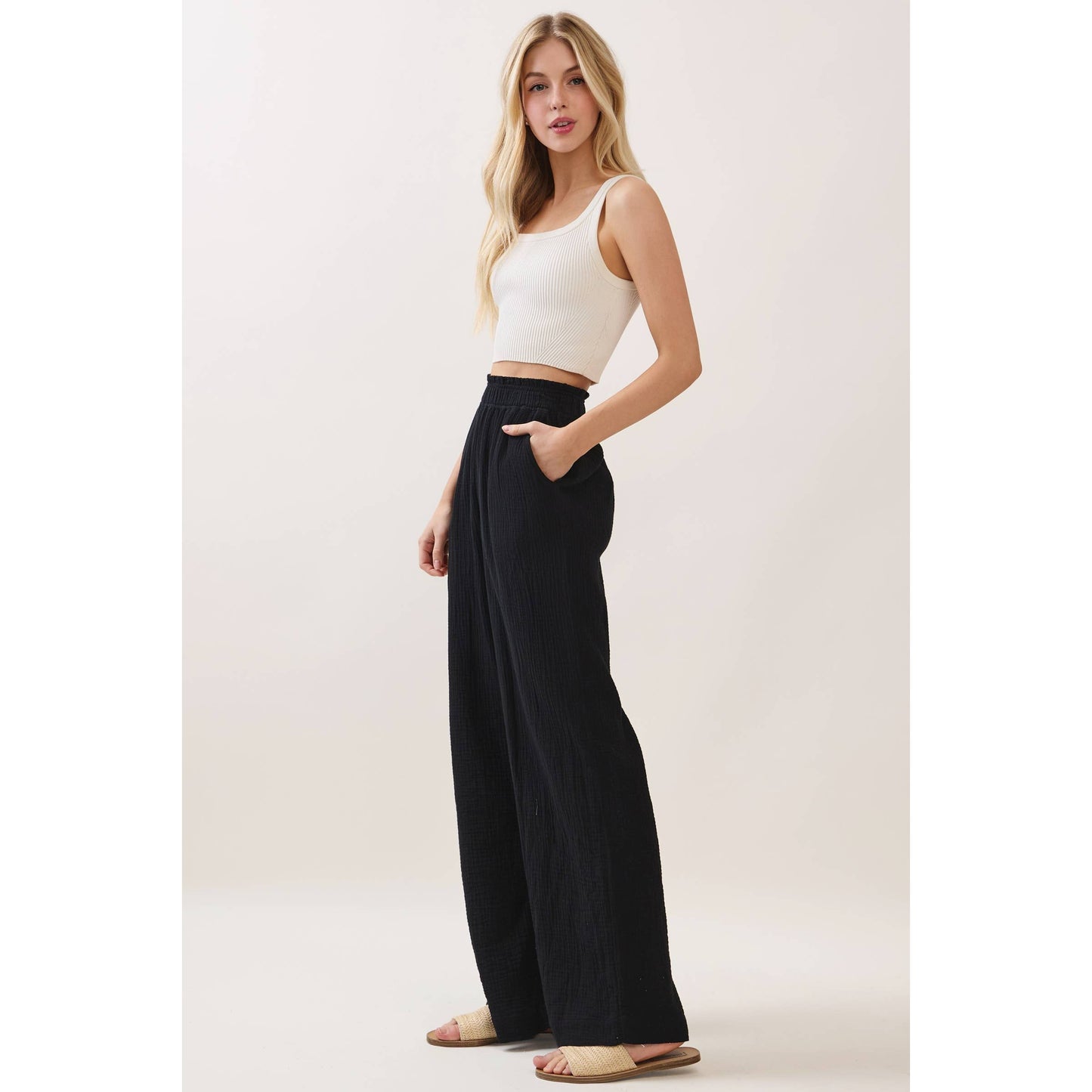 DOUBLE GAUZE SOLID WIDE LEG PANTS