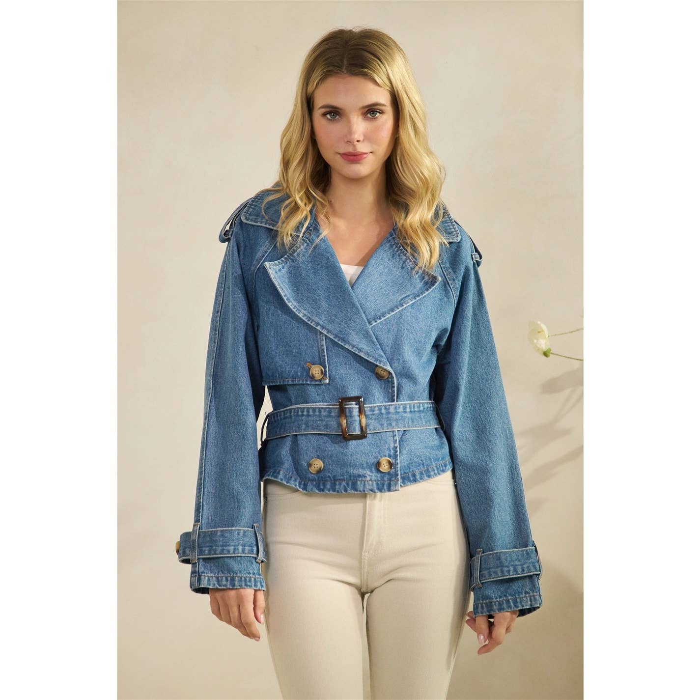 Structured Belted Cropped Denim Jacket