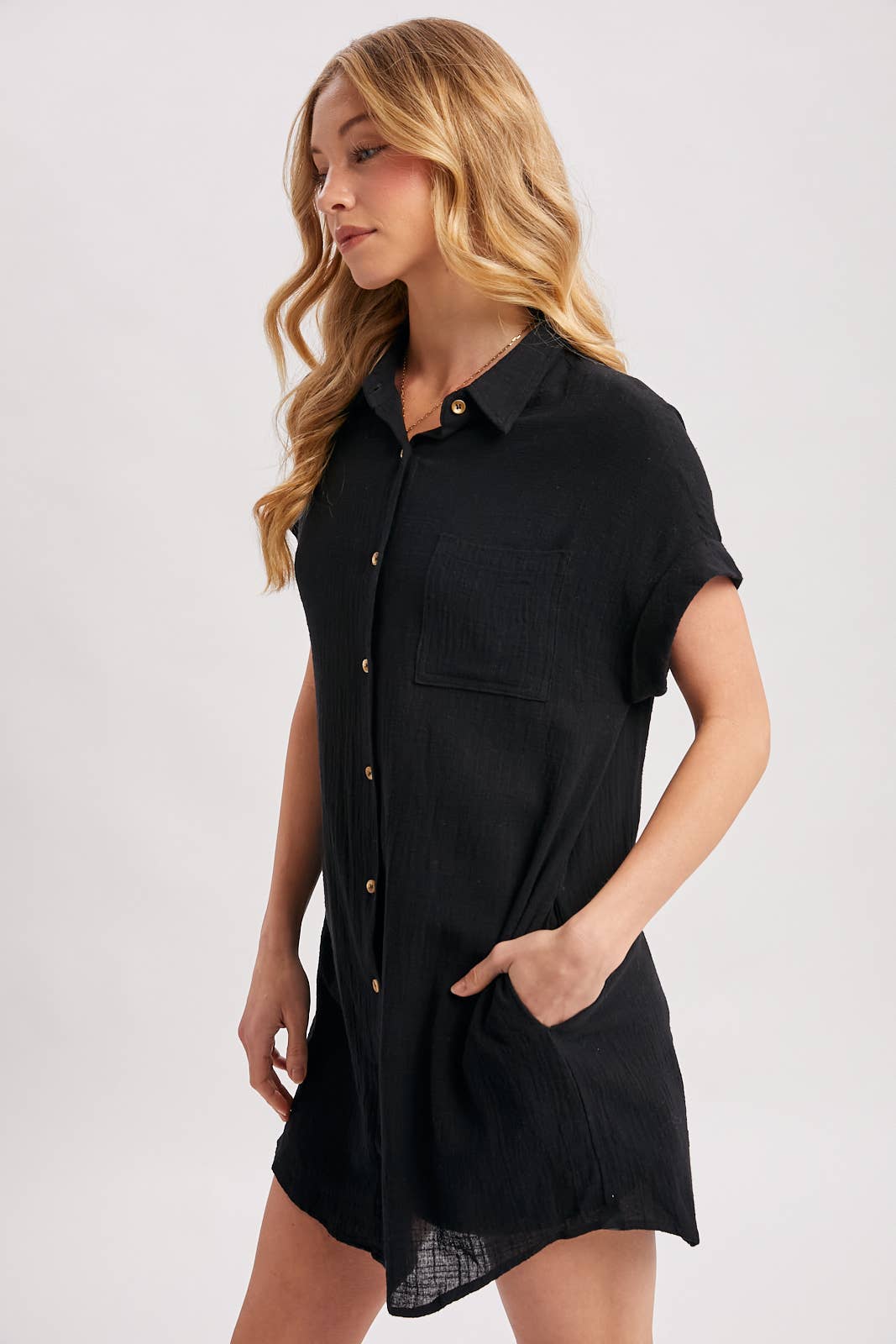 BUTTON UP SHIRT DRESS WITH POCKET