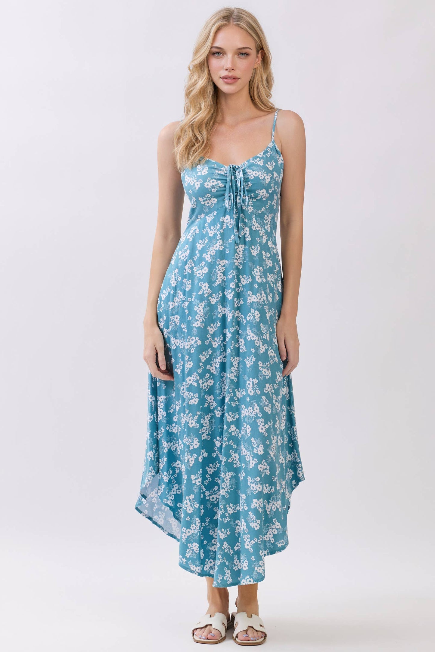 FLORAL PRINT CHEST RUCHED MIDI DRESS