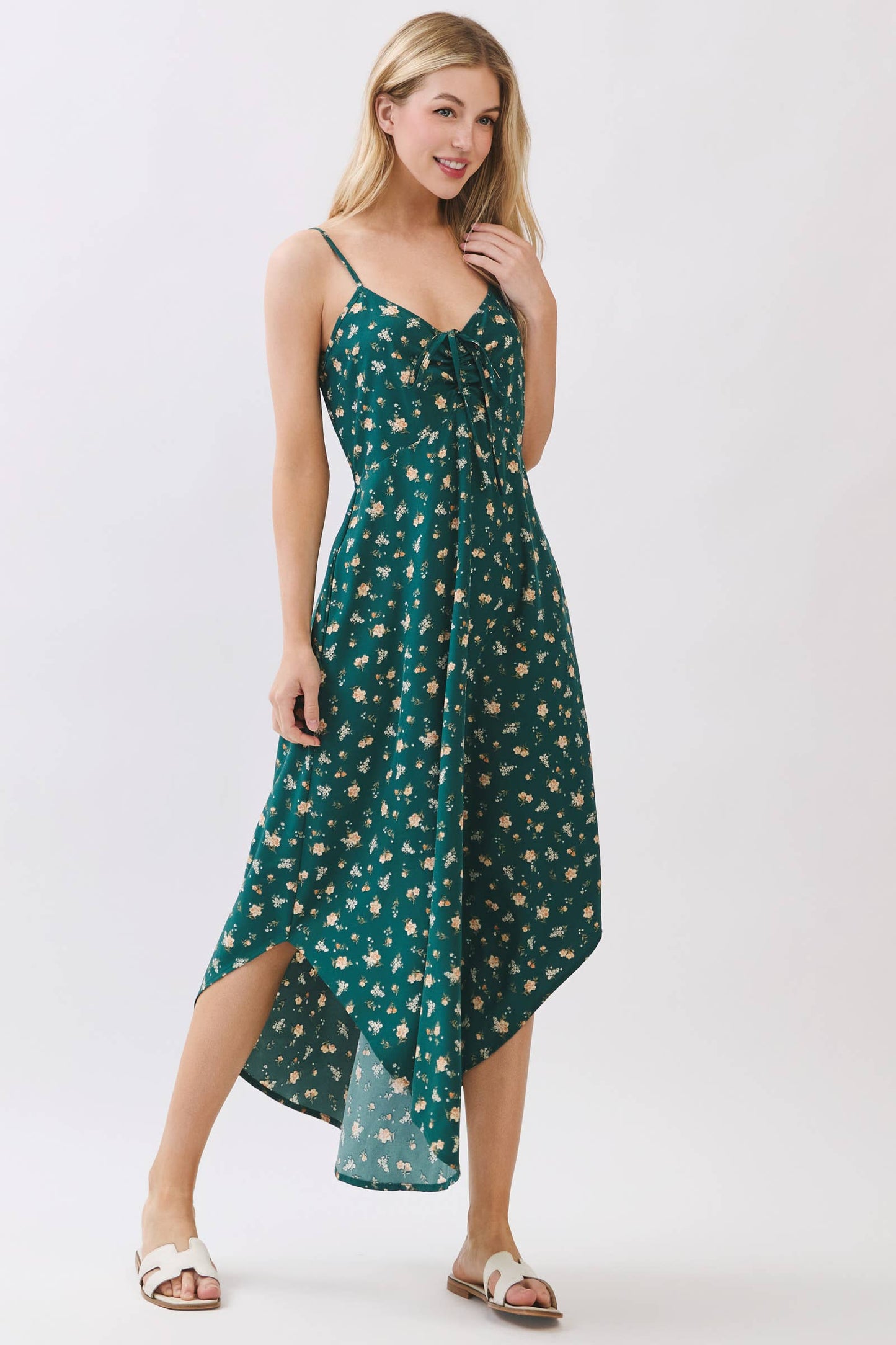 CHEST RUCHED ROUND HEMMING MIDI DRESS
