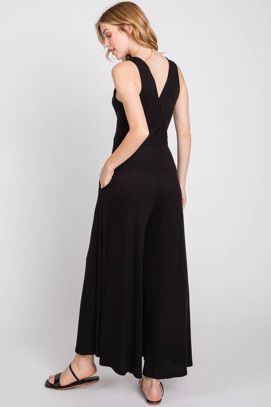 SURPLICE SLEEVELESS WIDE LEG JUMPSUIT