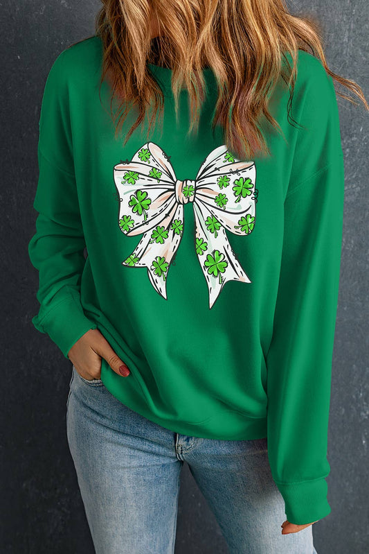 St Patricks Clover Bow Printed Drop Shoulder Sweatshirt