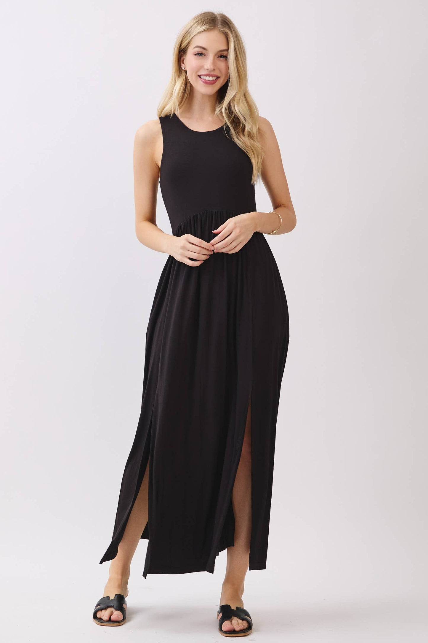 Solid Sleeveless Midi Dress with Front Slit