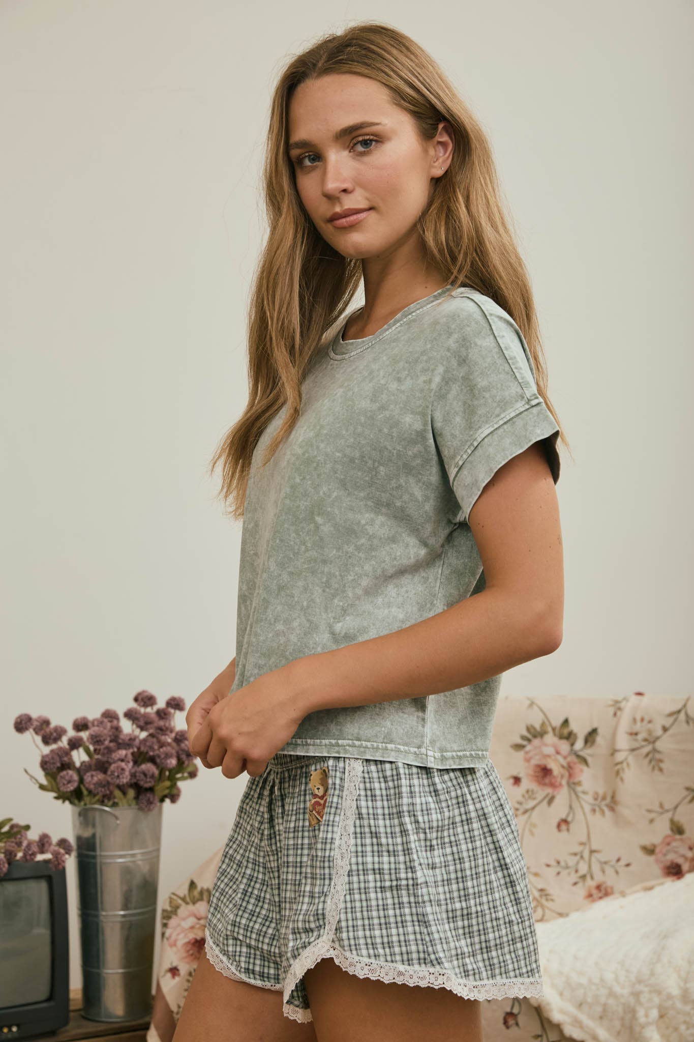 WASHED SHORT SLEEVE BOXY KNIT TOP