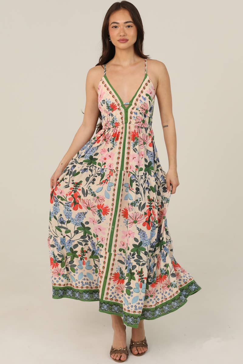 PRINTED V NECK MAXI DRESS