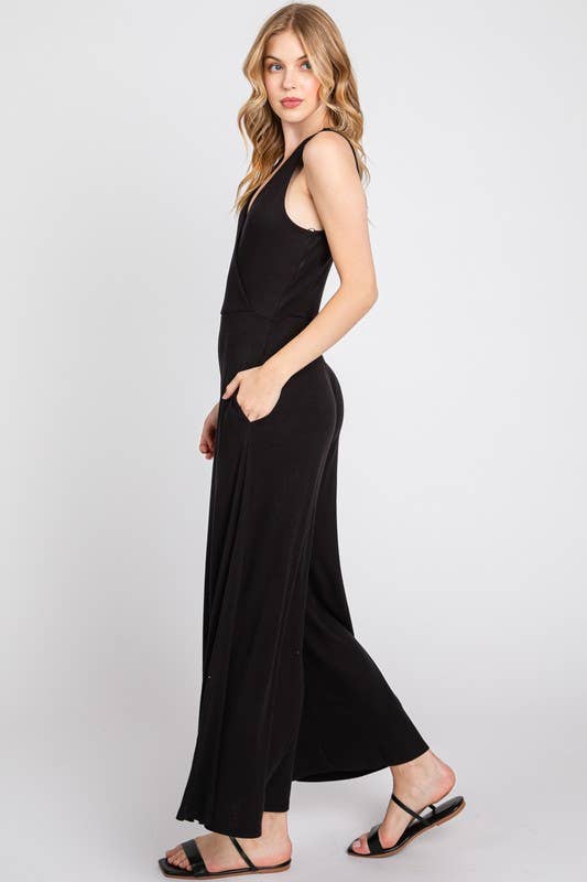SURPLICE SLEEVELESS WIDE LEG JUMPSUIT