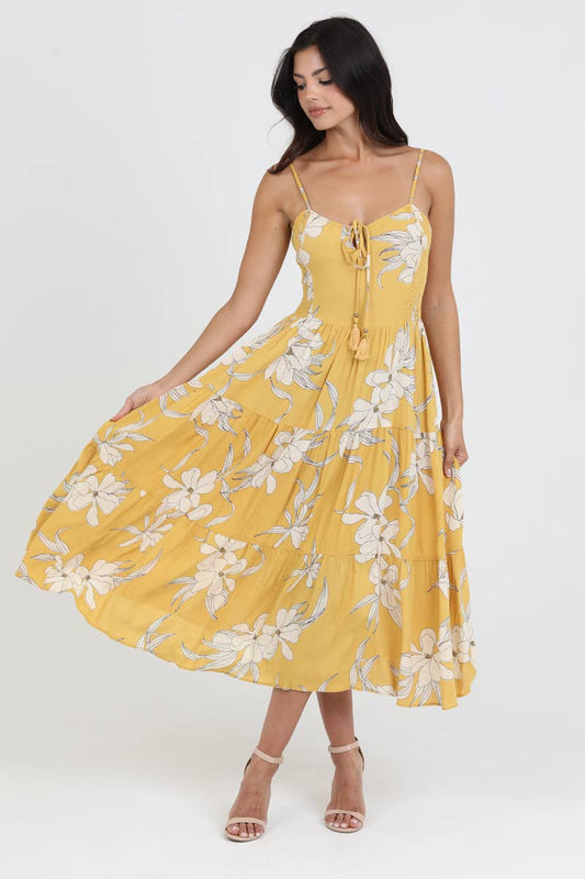 SMOCKED SIDES STRAPPY BACK MIDI DRESS