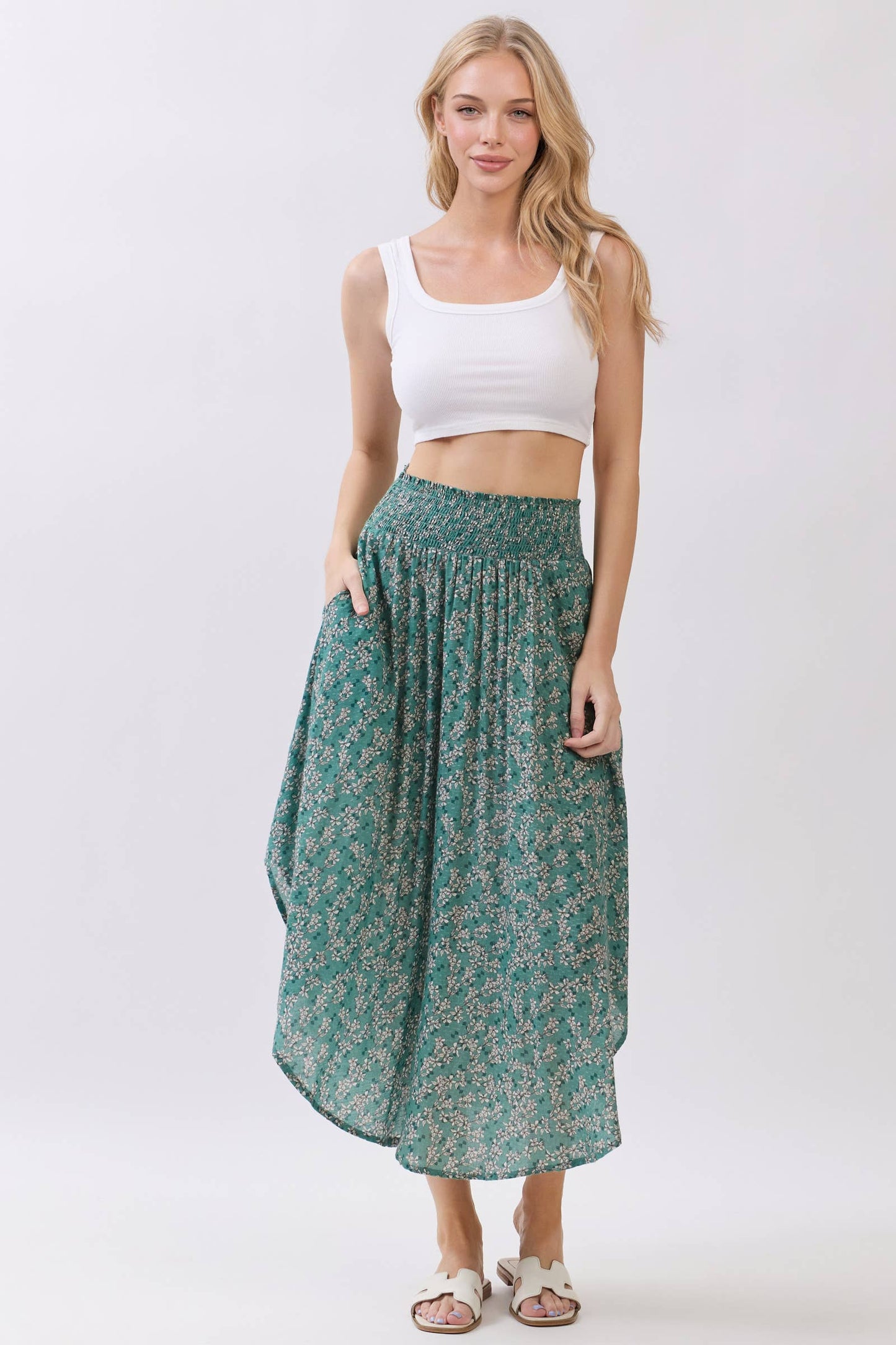 PRINT SMOCKED WAISTBAND MIDI SKIRT