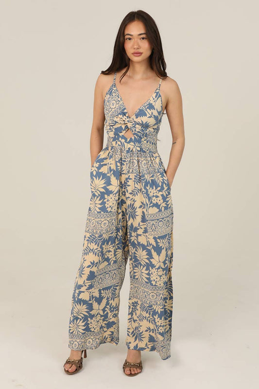 V NECK TWIST FRONT CUT OUT JUMPSUIT WITH WIDE LEG