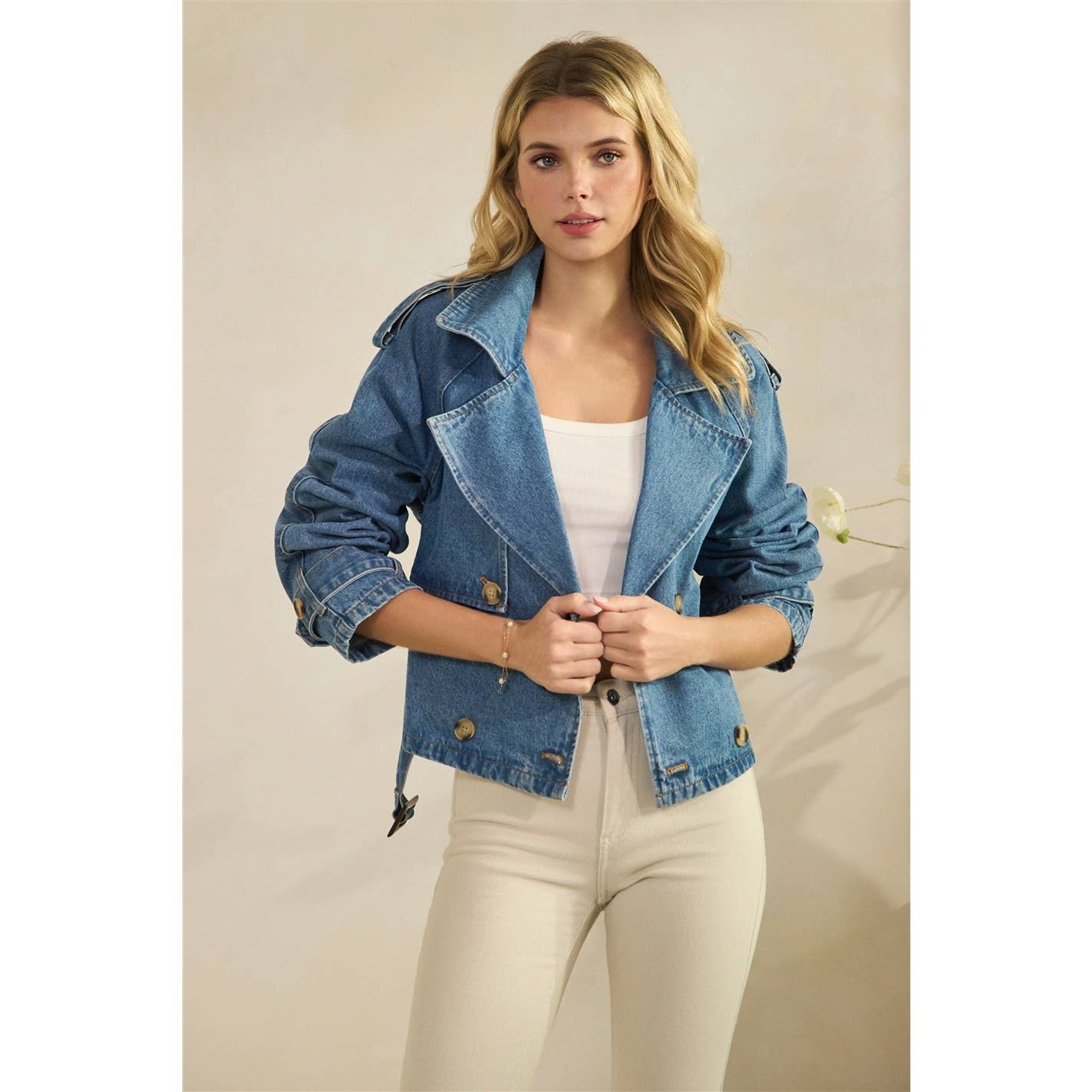Structured Belted Cropped Denim Jacket