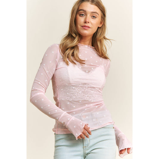 CUTE MESH HEART FLOCKING HIGH NECK DESIGN LONG SLEEVE FITTED