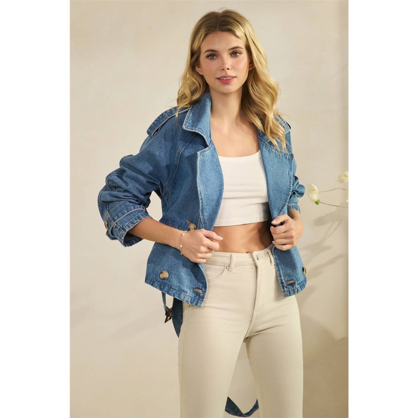 Structured Belted Cropped Denim Jacket