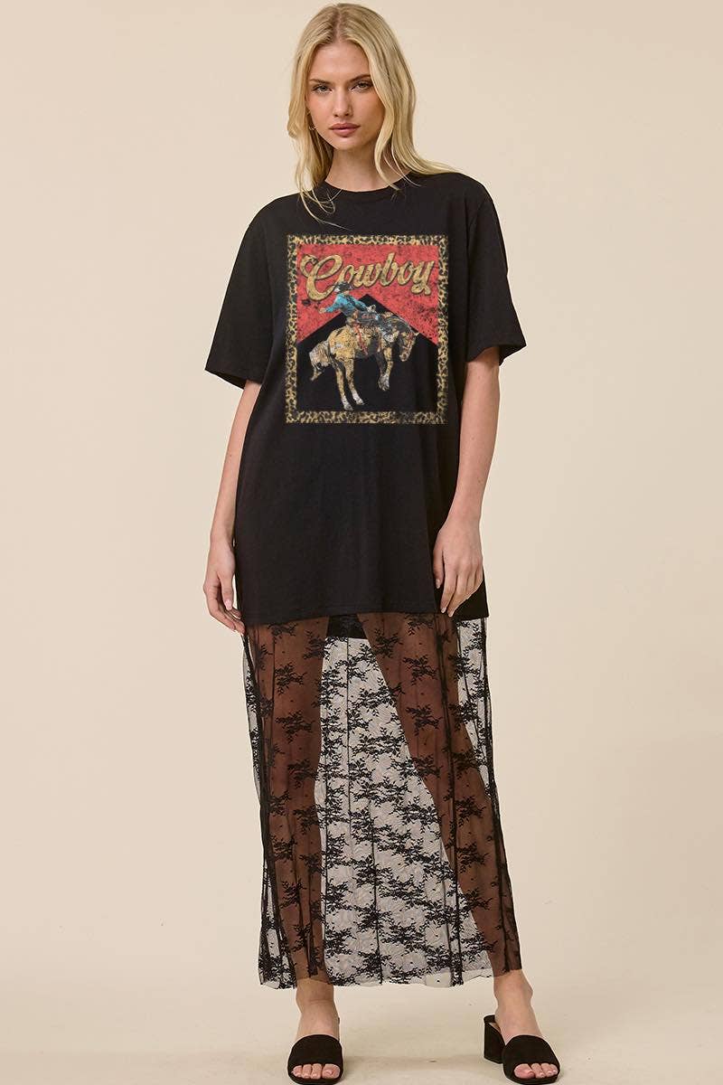 Western Vintage Cowboy Graphic Floral Lace Tshirt Dress
