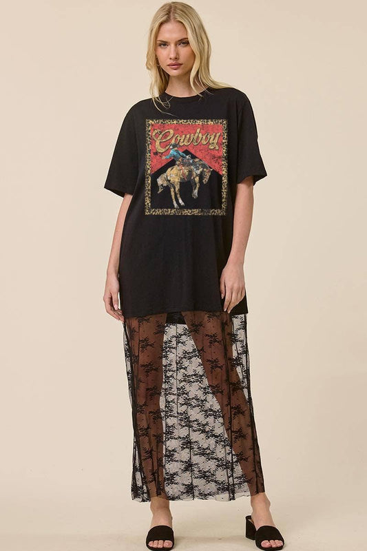 Western Vintage Cowboy Graphic Floral Lace Tshirt Dress