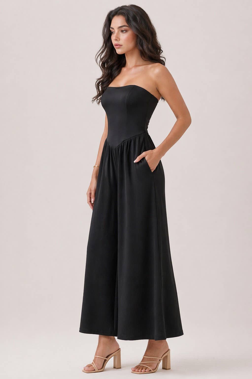 V SHAPE DROP WAIST TUBE JUMPSUIT
