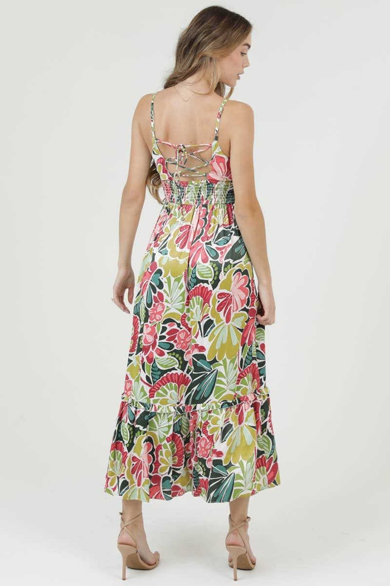 SWEETHEART NECKLINE LACE UP BACK DETAIL PRINTED DRESS