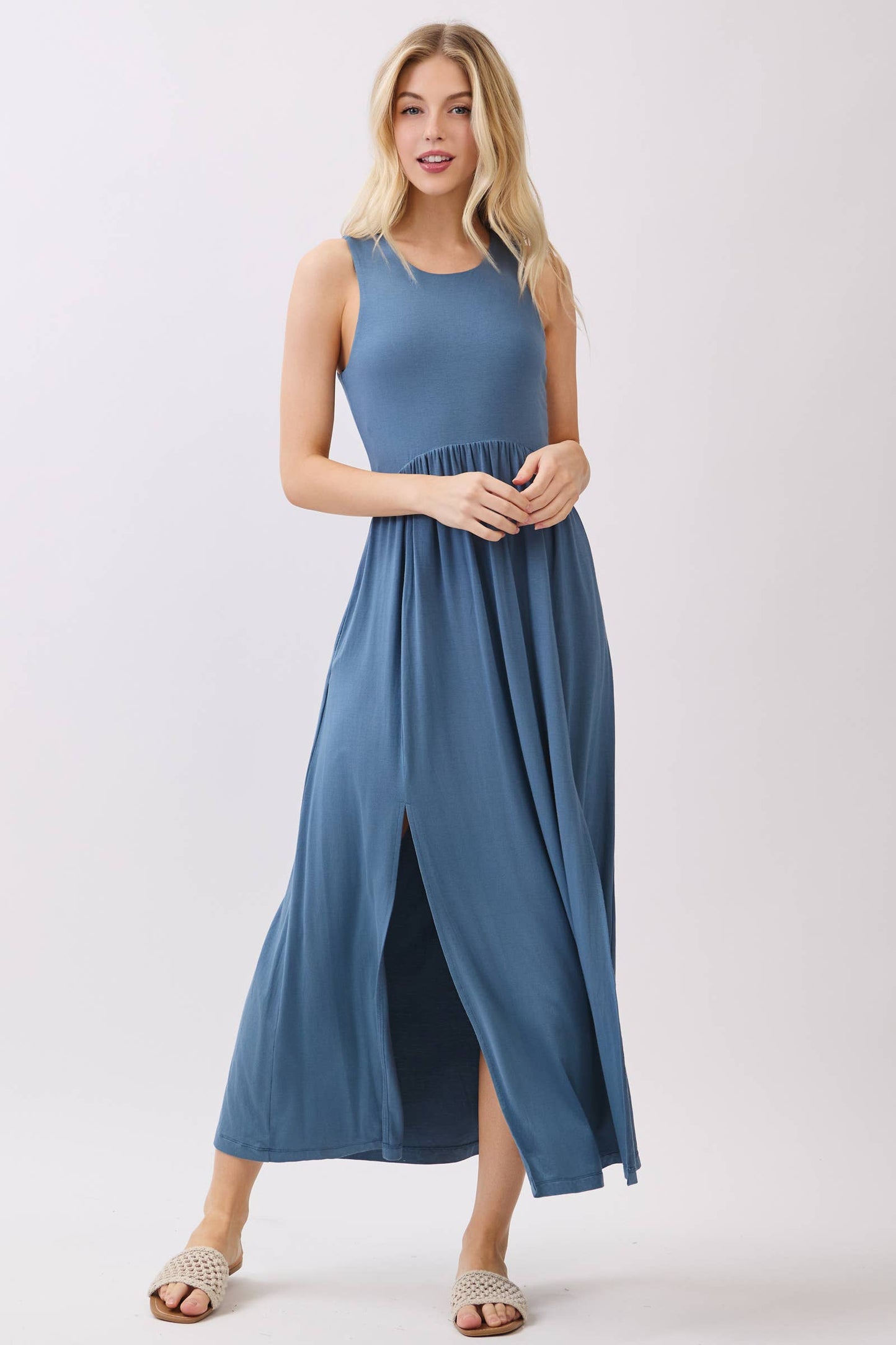 Solid Sleeveless Midi Dress with Front Slit