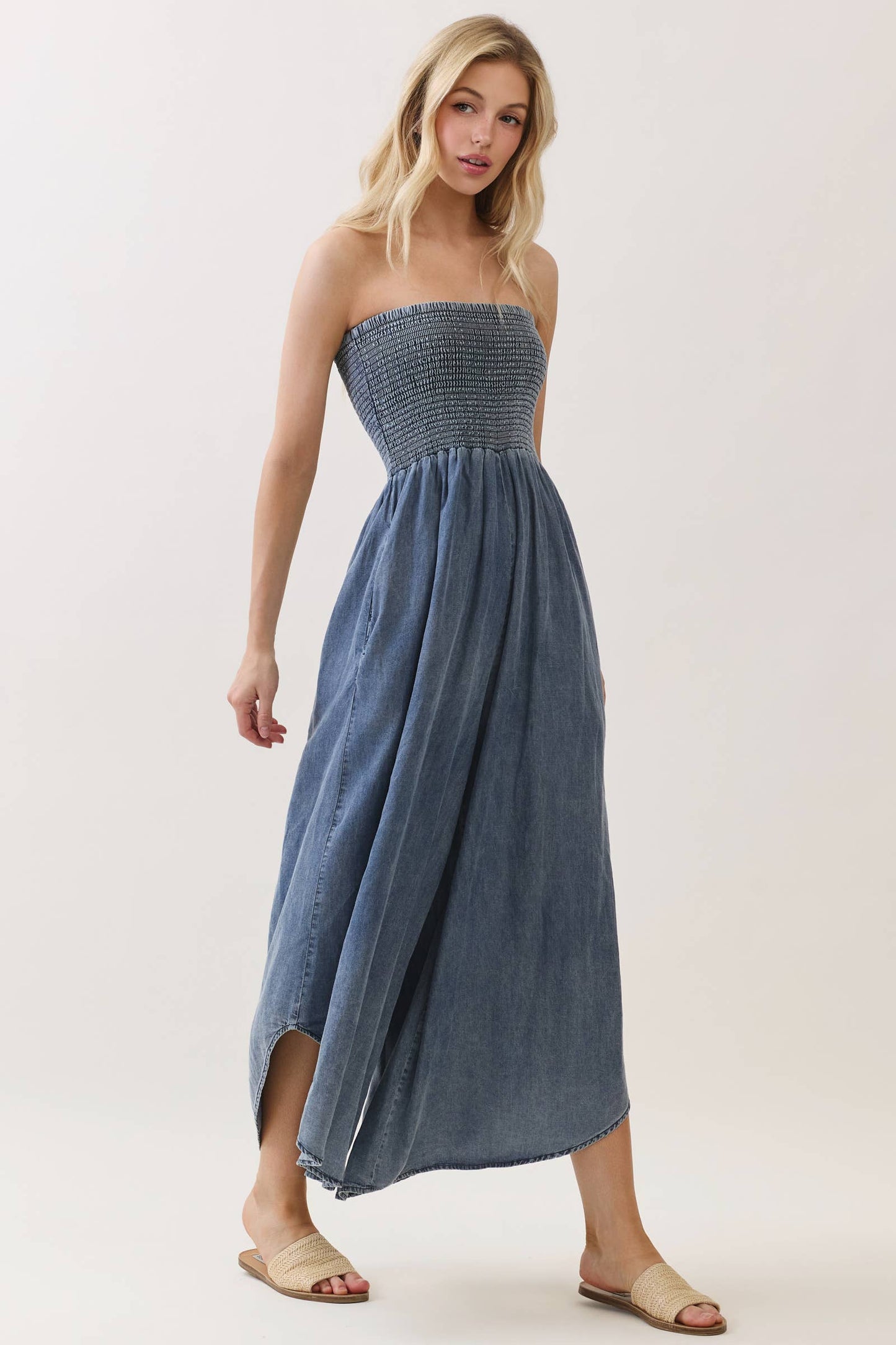 TENCEL SMOCKED ROUND HEM JUMPSUIT