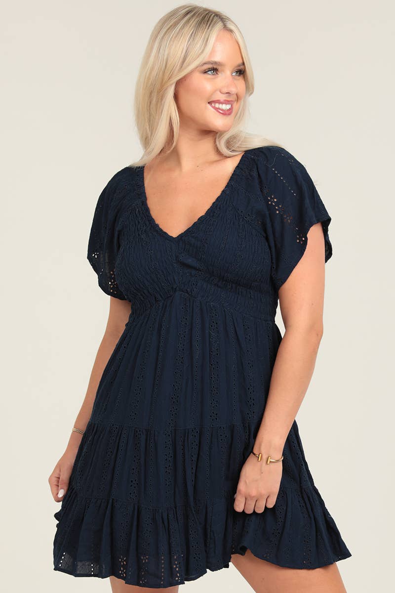 SHORT SLEEVE SMOCKED BODICE DRESS W EMBROIDERY