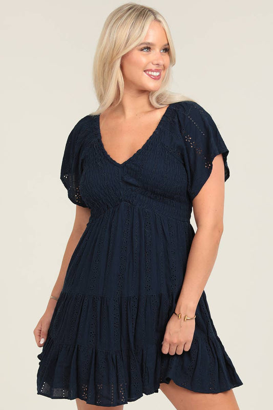 SHORT SLEEVE SMOCKED BODICE DRESS W EMBROIDERY