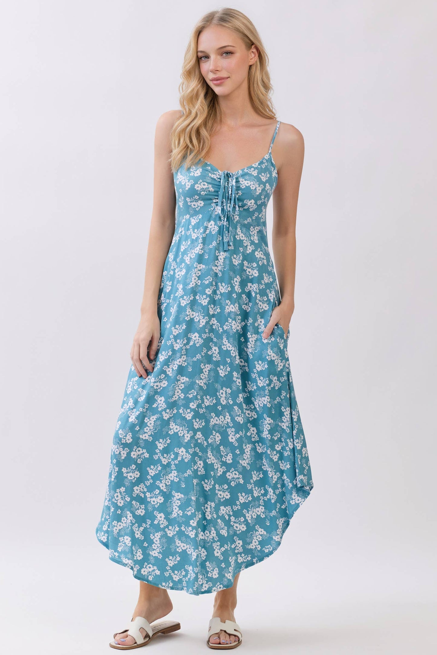 FLORAL PRINT CHEST RUCHED MIDI DRESS