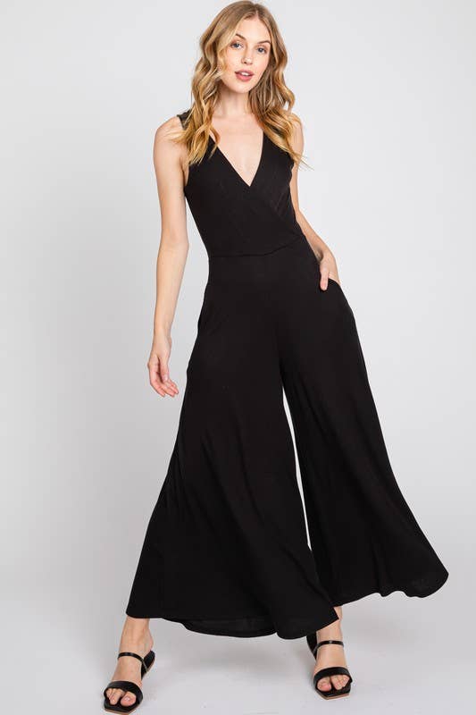 SURPLICE SLEEVELESS WIDE LEG JUMPSUIT