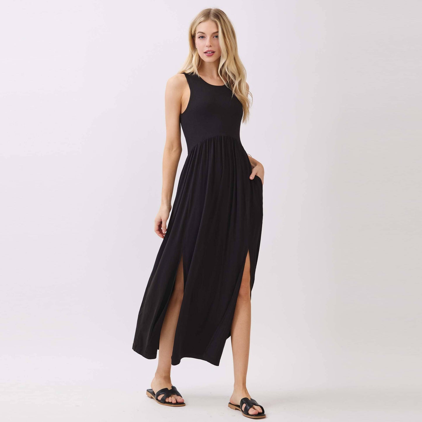 Solid Sleeveless Midi Dress with Front Slit
