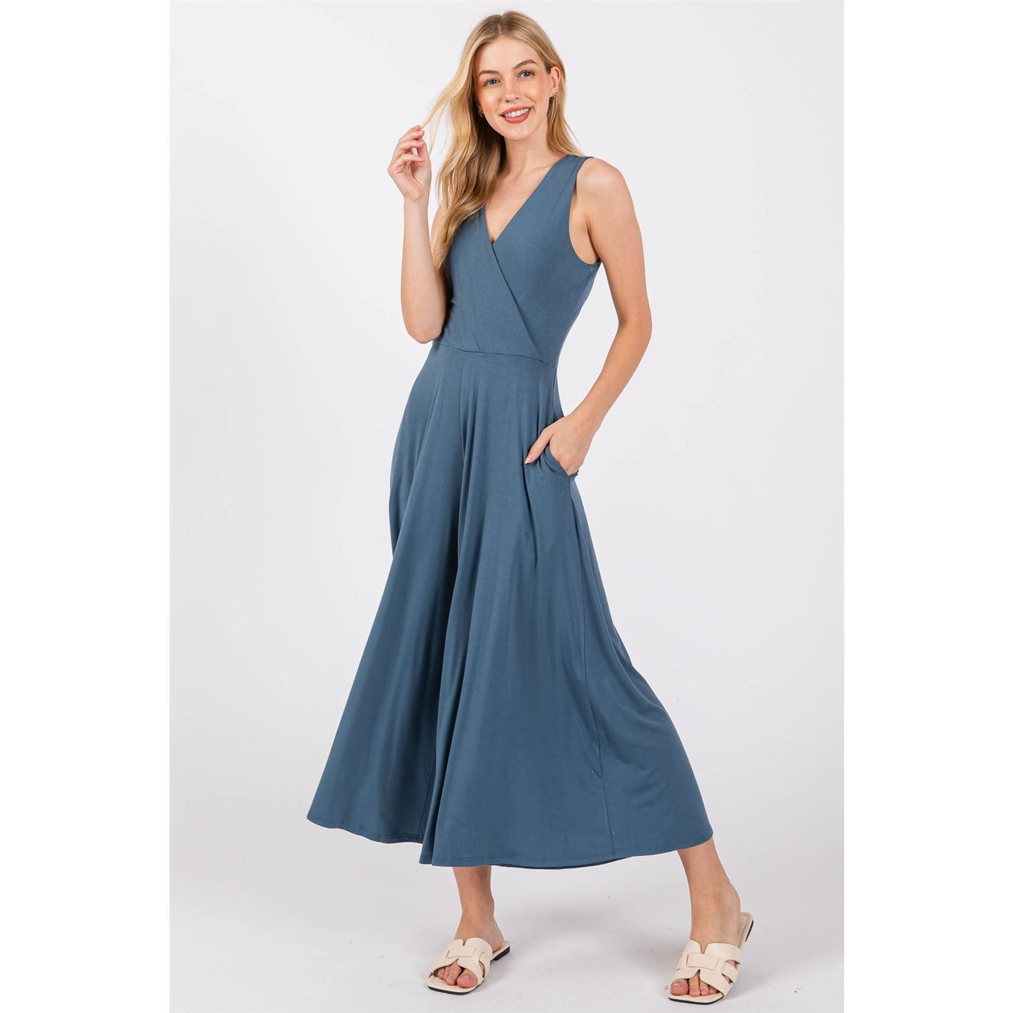 SURPLICE SLEEVELESS WIDE LEG JUMPSUIT