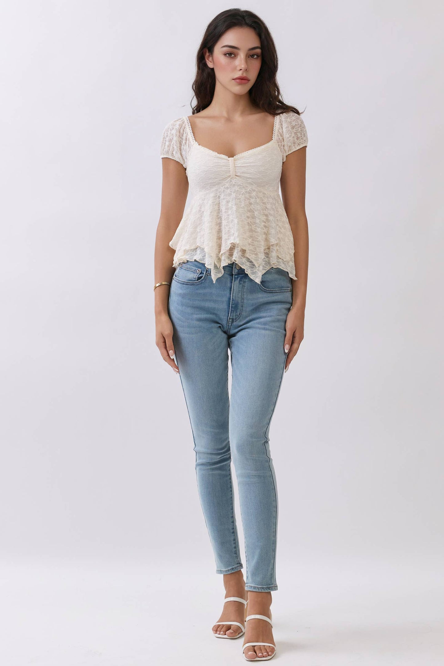 LACE FRONT W/RIBBON TIE PUFF SHORT SLV TOP