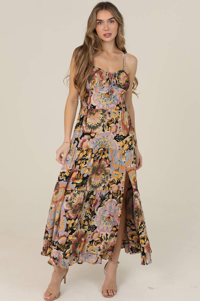 FLORAL PRINT TIE BUST MAXI DRESS WITH SIDE SLIT