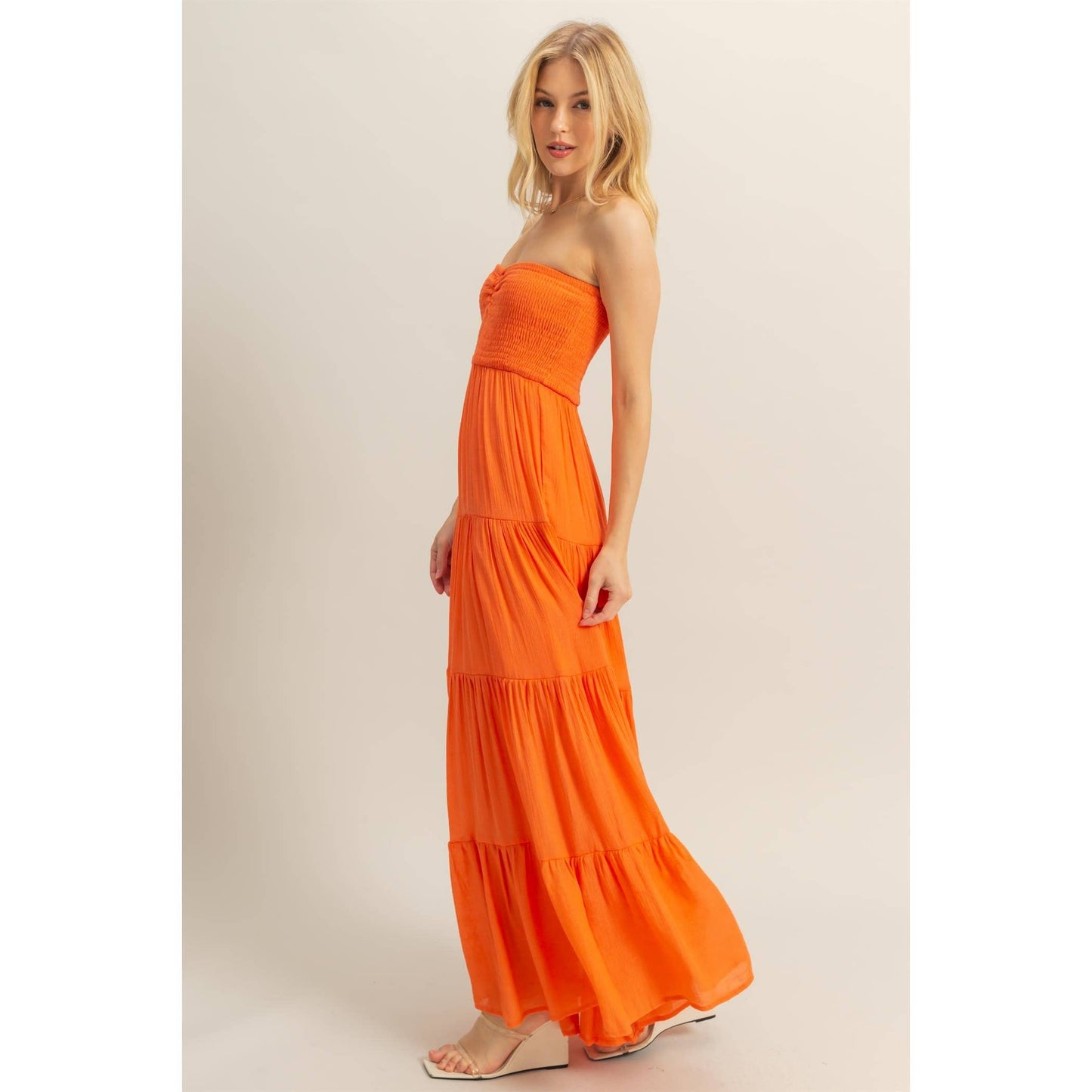 Strapless Ruched Bust Tiered Maxi Dress